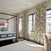 View of bedroom with four-post bed and wooden bedroom, ceiling, interior design, property, real estate, room, suite, window, window treatment, gray