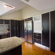 View of the contemporary kitchen - View of cabinetry, interior design, kitchen, real estate, room, gray, black