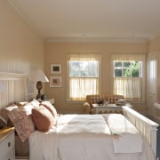 View of bedroom that features bed with white bedroom, ceiling, home, interior design, living room, real estate, room, window, brown, gray