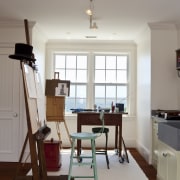 View of a home studio with wooden floors ceiling, chair, dining room, floor, flooring, furniture, hardwood, home, house, interior design, living room, room, table, wall, window, wood, gray