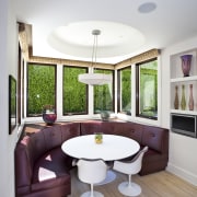 View of contemporary kitchen wooden flooring, dark cabinetry ceiling, furniture, home, interior design, living room, real estate, room, table, window, gray