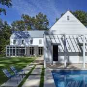 View of home with self-contained unit above garage, architecture, cottage, elevation, estate, facade, farmhouse, home, house, mansion, property, real estate, residential area, villa, blue