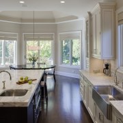 View of kitchen with wooden flooring, stainless drawers cabinetry, ceiling, countertop, estate, home, interior design, kitchen, real estate, room, window, gray