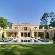 Exterior view of a Regency-styled home. - Exterior building, classical architecture, courtyard, elevation, estate, facade, historic house, home, house, landscaping, mansion, official residence, plantation, property, real estate, residential area, villa, teal, green