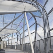 View of the cantilevered roof of the South architecture, building, daylighting, roof, sky, steel, structure, gray