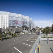 Exterior view of the newly upgraded Eden Park architecture, building, city, commercial building, condominium, corporate headquarters, daytime, downtown, headquarters, infrastructure, landmark, metropolis, metropolitan area, mixed use, neighbourhood, plaza, real estate, residential area, sky, structure, suburb, tree, urban area, urban design, gray, blue