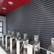 View of a metal roller door at the architecture, ceiling, interior design, product design, table, gray, black