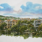 Conceptual drawings of the Tahuna Ridge designed by home, paint, painting, residential area, sky, tree, watercolor paint, white