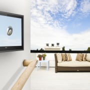 View of outdoor flat screen TV from H2OTV. furniture, interior design, product design, table, white