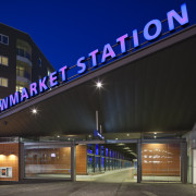 View of the upgraded New Market train station. architecture, building, facade, night, structure, black