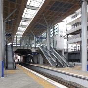 View of the railway tracks at the upgraded building, metro station, metropolis, metropolitan area, public transport, rapid transit, structure, track, train station, transport, gray, black