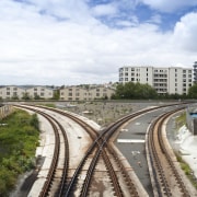 View of the railway tracks before the upgrade cloud, fixed link, horizon, line, metropolitan area, rail transport, residential area, road, sky, suburb, track, transport, urban area, white