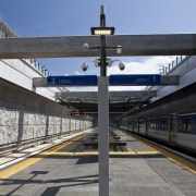 Equipment that ensured the security and safety of architecture, building, fixed link, girder bridge, high speed rail, metropolitan area, overpass, public transport, rail transport, rapid transit, skyway, track, train, train station, transport, black, gray