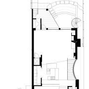 View of a renovated three-story home, built to angle, architecture, area, black and white, design, diagram, drawing, elevation, floor plan, font, line, plan, product, product design, schematic, structure, white