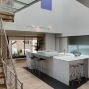 View of contemporary home within a 3-storey atrium architecture, daylighting, house, interior design, kitchen, real estate, gray