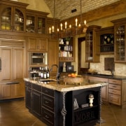 View of kitchen with barrel ceiling, light cabinets cabinetry, ceiling, countertop, cuisine classique, flooring, hardwood, interior design, kitchen, room, wood, brown