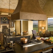 View of kitchen with barrel ceiling, light cabinets countertop, interior design, kitchen, living room, brown
