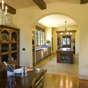 View of kitchen with old-style hearth, clay tile ceiling, dining room, estate, home, interior design, living room, property, real estate, room, orange, brown