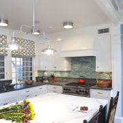 View of kitchen with dark turquoise island, colorful ceiling, countertop, daylighting, home, interior design, kitchen, real estate, room, table, white, gray