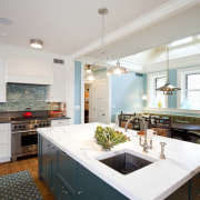 View of kitchen with dark turquoise island, colorful cabinetry, ceiling, countertop, cuisine classique, home, interior design, kitchen, real estate, room, white