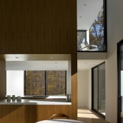 View of dining area with maple flooring and architecture, ceiling, furniture, house, interior design, table, window, brown