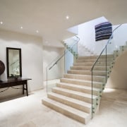 Interior view of stairway at Mediterranean styled home architecture, ceiling, estate, floor, flooring, handrail, home, house, interior design, property, real estate, stairs, gray