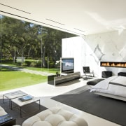 View of bedroom with sofas, bed, fireplace, and architecture, estate, home, house, interior design, living room, property, real estate, window, white