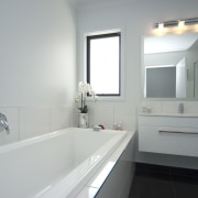 View of the bathroom of this David Reid bathroom, bathroom accessory, bathroom cabinet, countertop, home, interior design, property, room, sink, window, gray