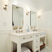 View of basins and mirrors sitting on top bathroom, floor, home, interior design, plumbing fixture, room, sink, suite, white