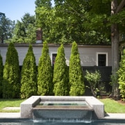 View of outdoor pool area with water feature estate, home, house, landscape, landscaping, nature, outdoor structure, plant, property, real estate, reflection, swimming pool, tree, water, water feature, brown, teal