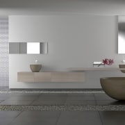 View of waterproof LCD television from HTOTV. - bathroom, bathroom accessory, bathroom cabinet, floor, flooring, interior design, product design, room, sink, tile, wall, gray