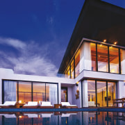 View of contemporary resort with European/Thai-style furniture, sliding architecture, building, elevation, estate, facade, home, house, property, real estate, residential area, sky, villa, window, blue