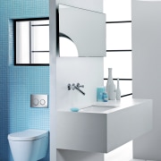 View of Geberit bathroom features. - View of angle, bathroom, bathroom accessory, bathroom cabinet, bathroom sink, ceramic, plumbing fixture, product, product design, purple, shelf, sink, tap, toilet seat, gray