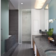 View of master bedroom and bathroom in subdued architecture, bathroom, ceiling, countertop, daylighting, floor, flooring, home, house, interior design, room, tile, wood flooring, gray, black