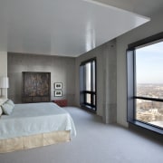 View of master bedroom and bathroom in subdued architecture, bedroom, ceiling, estate, home, house, interior design, property, real estate, room, suite, window, gray