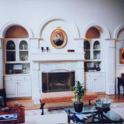 VIew of home built to reflect the style furniture, hearth, home, house, interior design, living room, room, window, gray