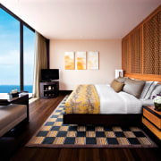 View of contemporary resort with European/Thai-style furniture, sliding architecture, bedroom, ceiling, hotel, interior design, living room, real estate, room, suite, wall, window, white