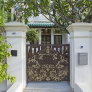 31283  Entrance gate - 31283  Entrance architecture, courtyard, gate, home, house, outdoor structure, plant, property, real estate, tree, gray