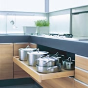 View of a contemporary kitchen which features Poggenpohl countertop, furniture, interior design, kitchen, product design, shelf, shelving, sink, tap, white