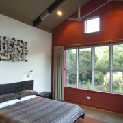 View of rural home with open plan lounge architecture, bed, bed frame, bedroom, ceiling, daylighting, estate, floor, flooring, home, house, interior design, real estate, room, wall, window, wood, brown, red