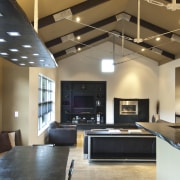 View of rural home with open plan lounge ceiling, interior design, living room, brown