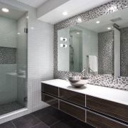 View of apartment bathroom designed by Design Elements bathroom, ceiling, floor, flooring, interior design, room, tile, wall, gray