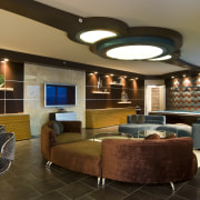 View of apartment living area designed by Design ceiling, interior design, living room, lobby, real estate, room, wall, brown