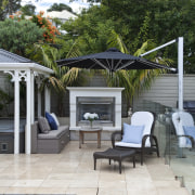 View of outdoor area with pool, paving, fountain, backyard, home, house, outdoor furniture, outdoor structure, patio, real estate, sunlounger, swimming pool, white