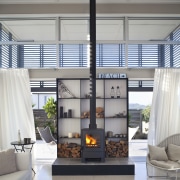 View of contemporary beach house with wooden flooring ceiling, home, interior design, living room, window, gray