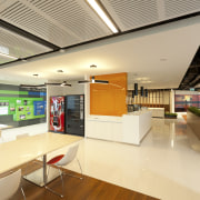 View of a contemporary corporate space with decorative ceiling, interior design, office, orange