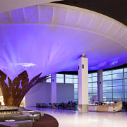 View of Auckland International Airport centrepiece, resembling the architecture, ceiling, daylighting, function hall, hotel, interior design, lighting, lobby, purple, purple