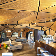 View of the new Wellington International Airport the architecture, ceiling, function hall, interior design, restaurant, wood, orange, brown