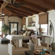 View of vacation home with wooden ceilings and beam, ceiling, furniture, home, interior design, living room, room, table, brown