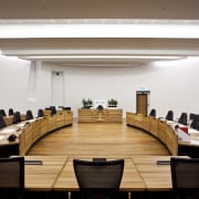 View of the Christchurch City Council building, with conference hall, function hall, furniture, interior design, table, white